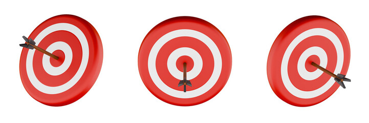 Arrow aimed right at the target, success, accuracy, competition or strategy symbol, target, archery bullseye, isolated on transparent background. 3D render