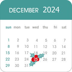 December 2024 Calendar Merry Christmas, December 25, Calendar Icon with Christmas Holly Berries, transparent background, vector