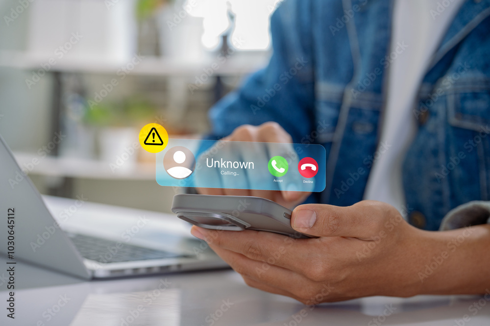 Poster Scam or spam alert calls, person receiving unknown caller notification with a Warning Messages to Prevent Scams, Fraud, and Identity Theft on smartphone, Mobile Security Against Cybercrime.
