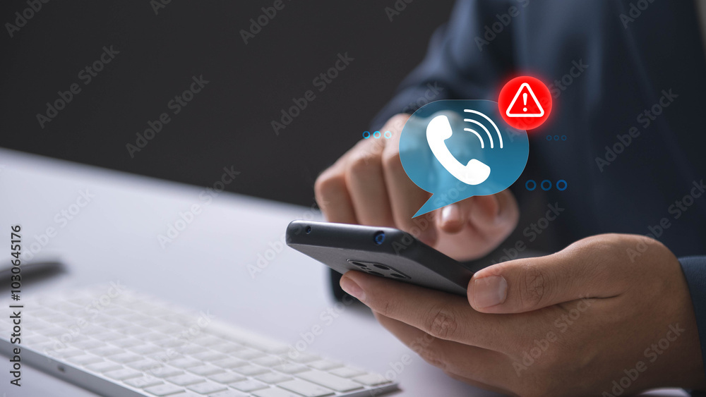 Poster Scam or spam with warning alert calls, Person receiving a phone call alert with a scam warning notification on smartphone, emphasizing cyber threats and security risks
