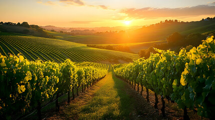 Naklejka premium Scenic vineyard landscape at sunset with lush grapevines.