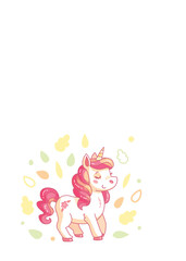 Cute pink unicorn standing calmly in an autumnal forest, perfect for children s illustrations. Vector illustration.