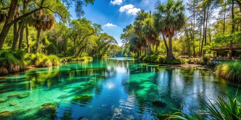 Vibrant turquoise water and lush green vegetation surround a hidden freshwater spring, illuminated by dappled sunlight filtering through the surface in a serene Florida setting.