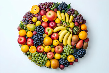 A circle of fresh fruit with apples, oranges, bananas, grapes and pineapple on a white background.