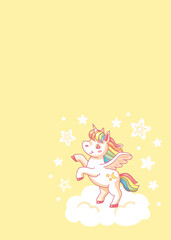 Magical unicorn with a rainbow mane and tail is prancing on a cloud, surrounded by sparkling stars. Vector illustration.