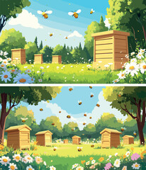 Fototapeta premium Meadow apiary countryside cartoon vector landscape. Pasture bee yard wooden hives beehives trees field forest plants blooming flowers beekeeping honey production, rural farm concept