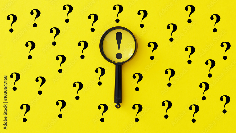 Poster Searching for information, data, solution or answer for question. Magnifying glass on exclamation mark and question mark signs on yellow background