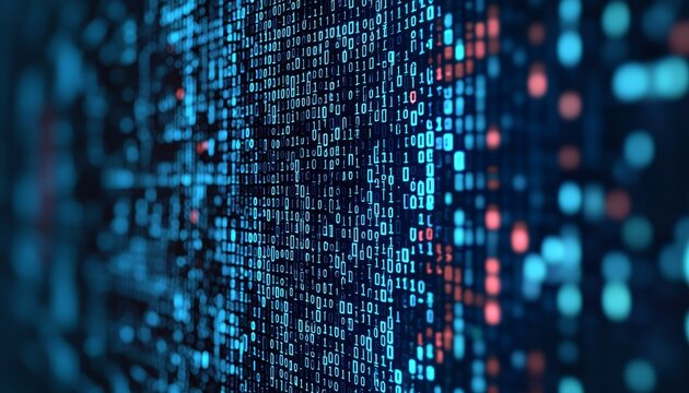 A vibrant digital backdrop featuring a complex array of blue and red binary code, symbolizing data flow and technology.