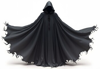 Naklejka premium Realistic death hood, scary black robe. Isolated 3d vector eerie hooded grim reaper Halloween figure, cloaked in a dark, long, flowing gown, embodying essence of death, mystery, horror and anonymity 