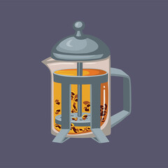 Teapot with press with strainer, hand drawn vector illustration