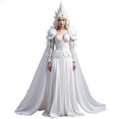 Blonde woman wearing white dress and crown posing on white background