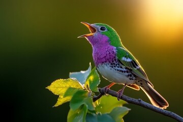 Obraz premium Rare green and purple bird singing on a sunlit branch