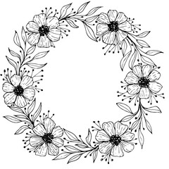 A round frame with flowers and leaves on it. Floral line art on white background
