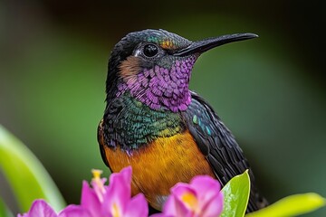 Obraz premium Rare rainbow-colored bird perched among tropical flowers