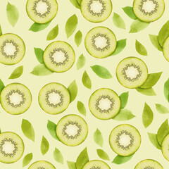 Fototapeta premium Watercolor seamless pattern with kiwi fruit whith leafs on green background. Hand drawn watercolor illustration. 