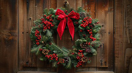 A classic Christmas wreath made of pine branches, adorned with red berries and a large red bow, hanging on a rustic wooden door.