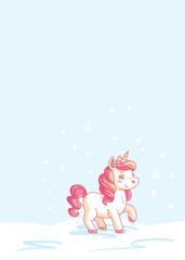 Cute cartoon unicorn with pink hair is walking on the snow during a snowy day. Vector illustration.