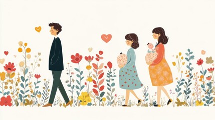 Family Walking in a Flower Garden