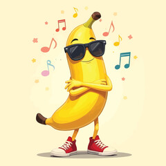 Banana Cartoon In Waving Dancing Style With Arms, Legs And Sunglasses Vector Illustration