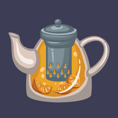 Teapot with strainer and fruits, fruit tea, hand drawn vector illustration
