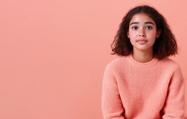 Obraz premium Young girl in a pink sweater, neutral expression