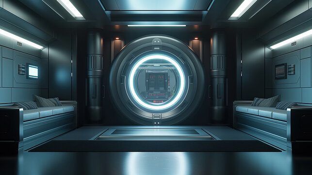 Futuristic room with a circular portal and sleek metal walls, suggesting a sci-fi setting or spaceship interior filled with high-tech equipment.