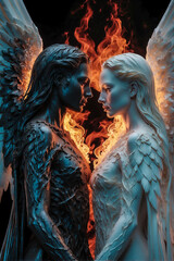 Illustration of an angel and a demon facing each other. The angel has white wings, the demon has black wings. Concept of good and evil, heaven and hell