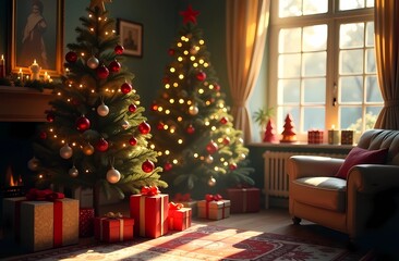 Christmas background with beautifully decorated Christmas tree, gifts and toys creates a festive atmosphere