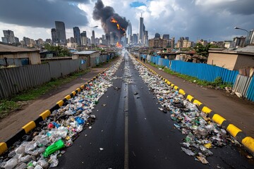 Obraz premium Smoke clouds from burning plastic waste hanging over a slum area