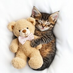 Adorable kitten sleeping with a soft teddy bear on a cozy white background.
