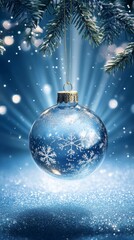 christmas glass ball on blue background, ai generated