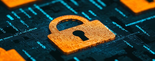 Naklejka premium A close-up image of a digital lock symbol on a circuit-like background, representing cybersecurity and data protection concepts.