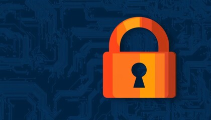 A stylized orange padlock icon on a blue digital background, symbolizing security and protection in a modern technological context.