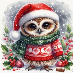 A festive owl in a Santa hat and sweater surrounded by holiday decor.
