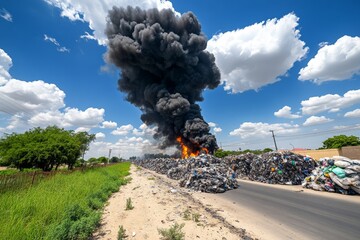 Fototapeta premium Thick black smoke rising from piles of burning plastic in a rural area