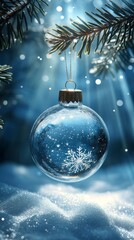 christmas glass ball on blue background, ai generated