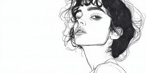 Fototapeta premium B&W line art of a Woman, Female portrait hand drawn, illustration