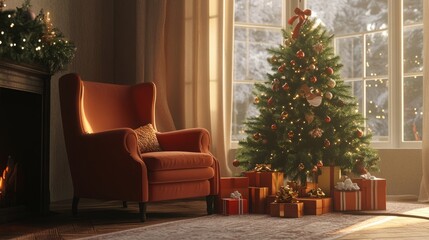 Cozy holiday scene with a decorated Christmas tree and gifts.