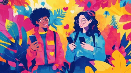 Two people smiling and holding phones in front of colorful background