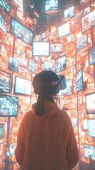 Obraz premium Virtual Reality Experience with Multiple Screens in Neon Room 