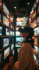 Obraz premium Young Woman Exploring Virtual Reality Gallery Experience with Headset 