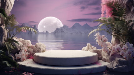 A white marble product podium with the moon in the background, surrounded by water and plants, rendered in a dreamy pastel color palette