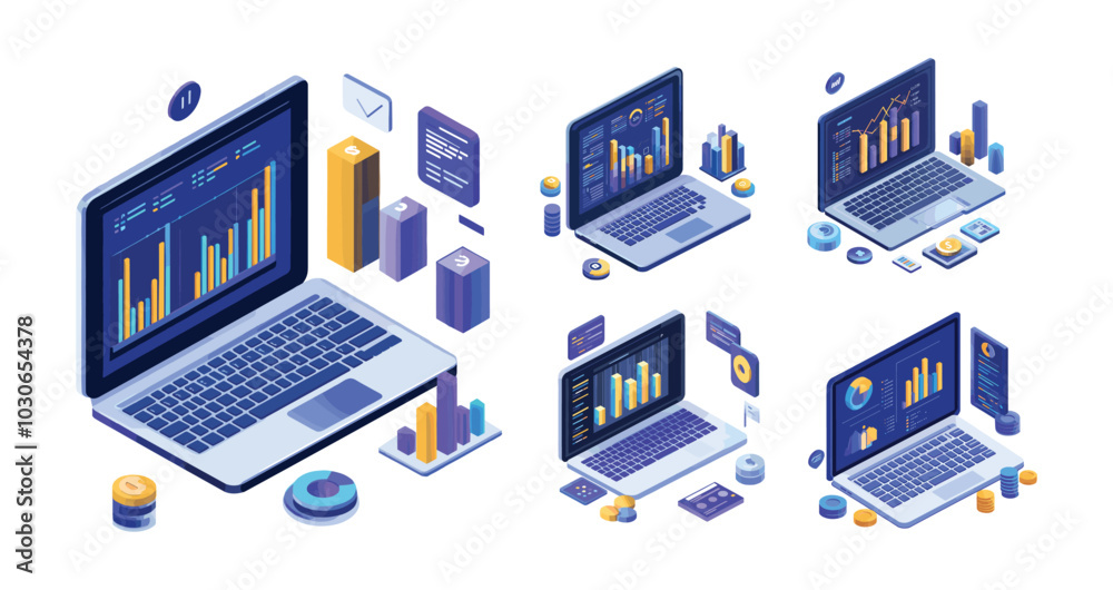 Poster notebook analytics research isometric vector concepts. laptop graphic bars diagrams chart graphs col
