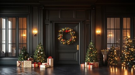 Festive entrance adorned with Christmas decorations and gifts.