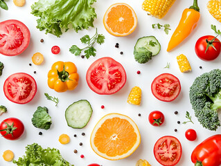 Fresh vegetables and fruit on a white background, flat lay.