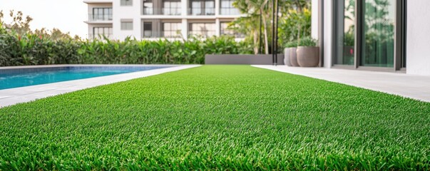 Lush green artificial grass lawn beside a modern pool, creating an inviting outdoor space.