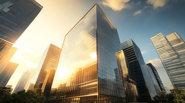 Modern skyscrapers reflecting sunlight in a cityscape.