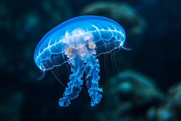 Obraz premium Floating gracefully in crystal-clear water, a luminous blue jellyfish showcases its delicate tendrils and ethereal beauty. Generative AI