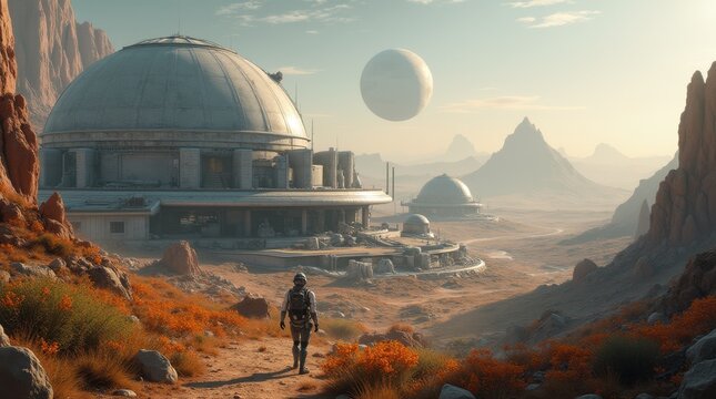 A detailed image of a futuristic colony on a distant planet, surrounded by strange alien landscapes with towering, otherworldly rock formations. The colony consists of sleek, dome-shaped buildings wit