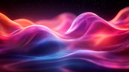 Obraz premium Abstract background with vibrant pink, blue, and orange glowing waves and particles on a dark background.